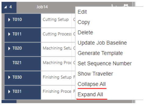 Collaps all & extend all function for jobs and related tasks in just plan it - production scheduling software for HMLV