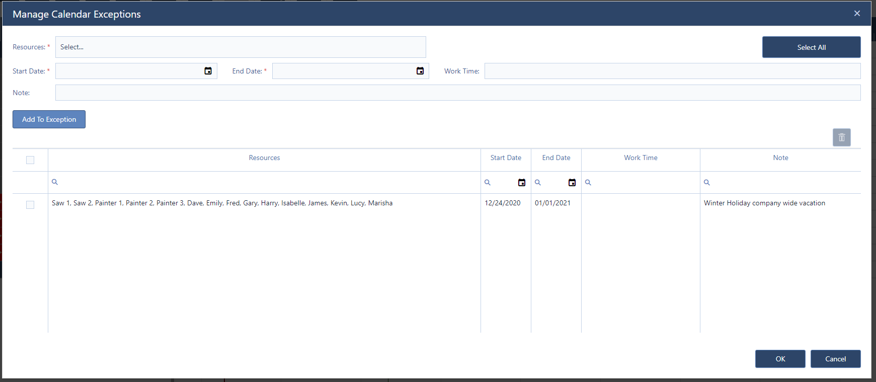 Calendar exception notes - just plant it production scheduling software