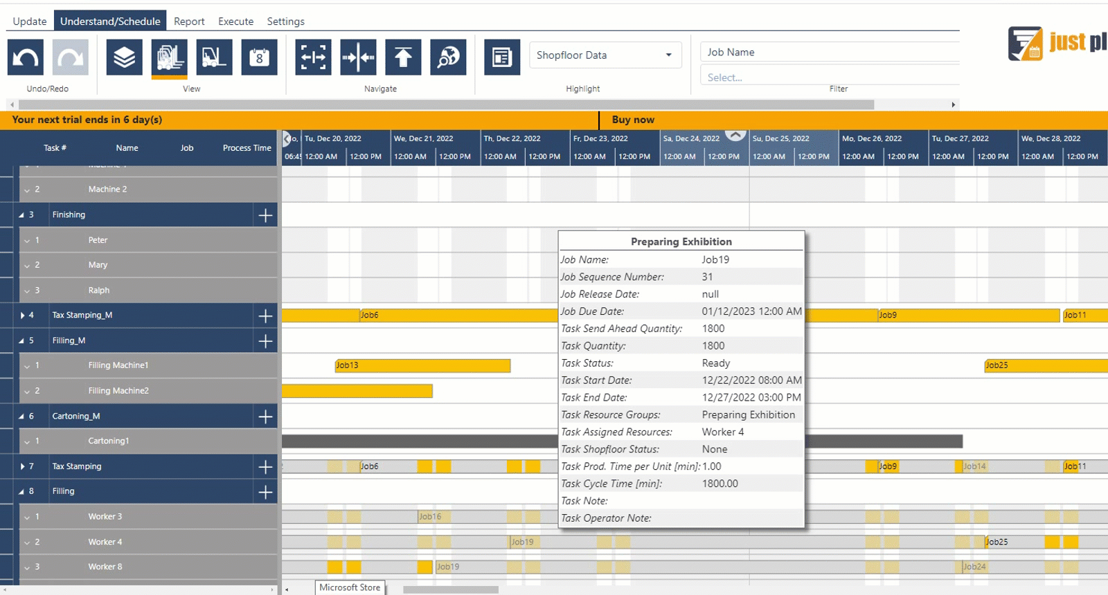 intelligent visualization in Gantt chart views in just plan it - forbidden areas