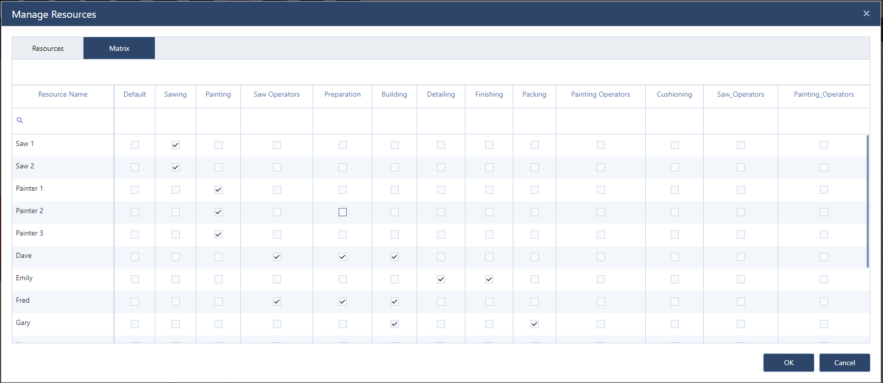 Resource skill matrix - just plant it production scheduling software