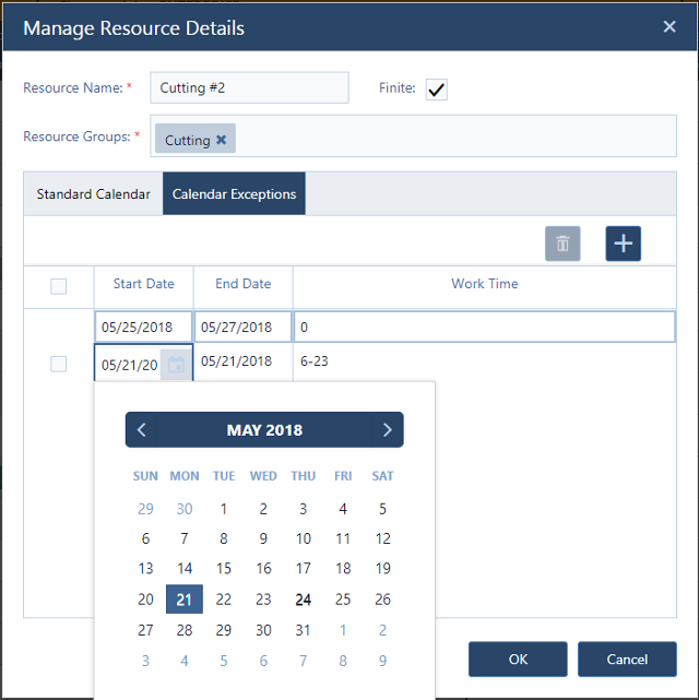 Manage resource calendars and their exceptions